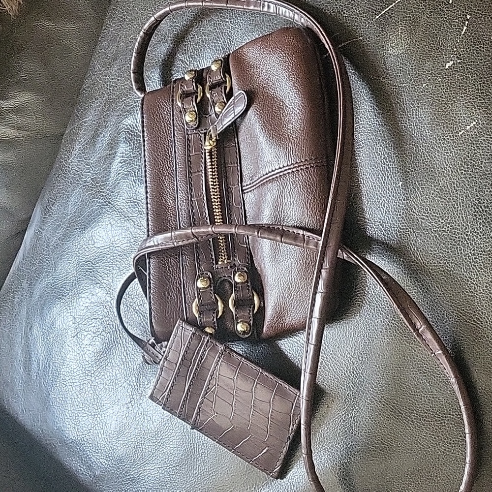 Etienne Geiger Brown Leather w faux croc strap crossbody purse handbag